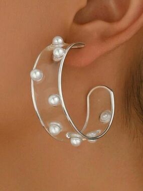 Silver-Tone Clear Hoop Earrings with White Pearls